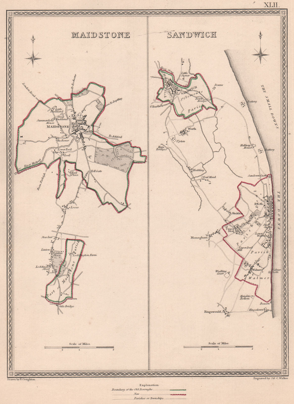 KENT TOWNS. Maidstone Sandwich Deal borough plans. CREIGHTON/WALKER 1835 map